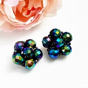 Mid-Century Vintage Glass Aurora Borealis AB Faceted Bead Clip Earrings